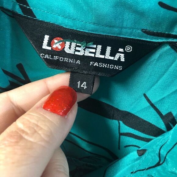 Loubella Size 14 Green and Black 80s Button Down Stick Figure Blouse Shoulder Pa - Picture 5 of 7